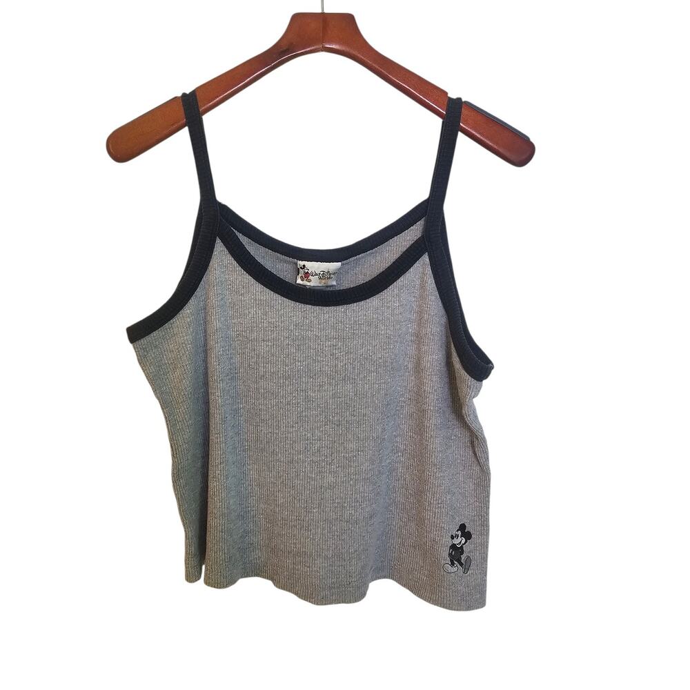 Vintage Walt Disney World Y2K Mickey Mouse Gray Ribbed Ringer Crop Tank Top